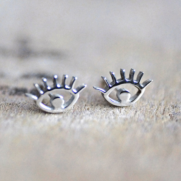 Evil Eye Stud Earrings - anodized implant grade titanium - steel silver