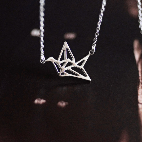 Origami Crane Necklace - steel silver
