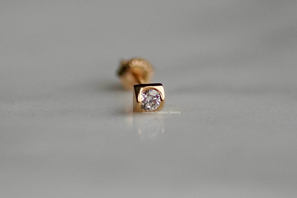 Real 14K Gold Solitaire Stud Earrings CZ Diamond - One Single