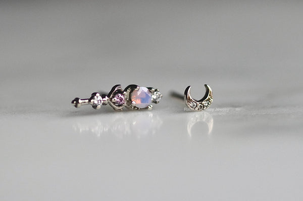 Crescent Moon Scepter - Single Each - Sterling Silver, Opal, Pink CZ Diamond, October April Birthstone