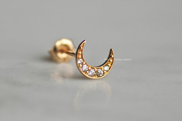 Real Gold - 14K CZ Diamond Crescent Moon Stud Earrings - One Single