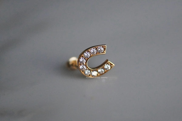 Real Gold 14K - Horse Shoe CZ Crystal Stud Earrings - One Single