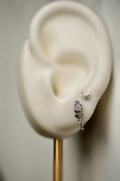 Crescent Moon Scepter - Single Each - Sterling Silver, Opal, Pink CZ Diamond, October April Birthstone