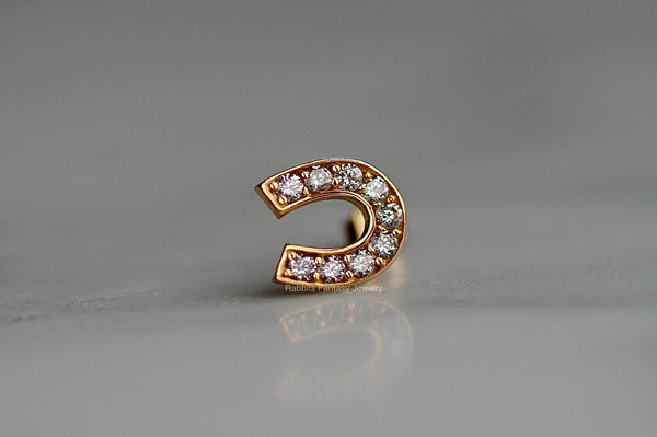 Real Gold 14K - Horse Shoe CZ Crystal Stud Earrings - One Single