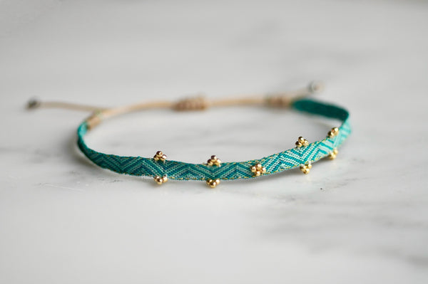 Woven Bracelet - Green Gold Beads